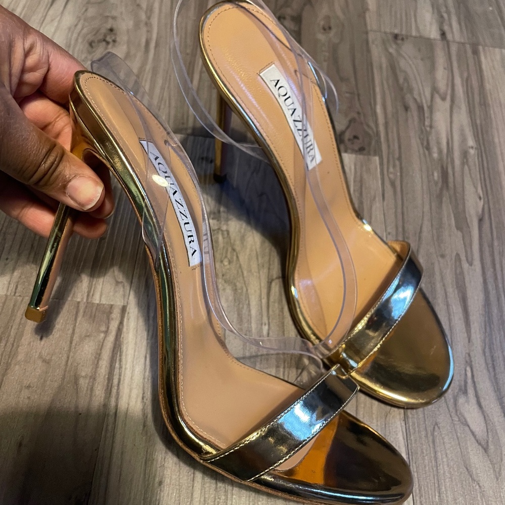 Aquazzura Perfect Kiss 105 Metallic Gold Heel Sandals